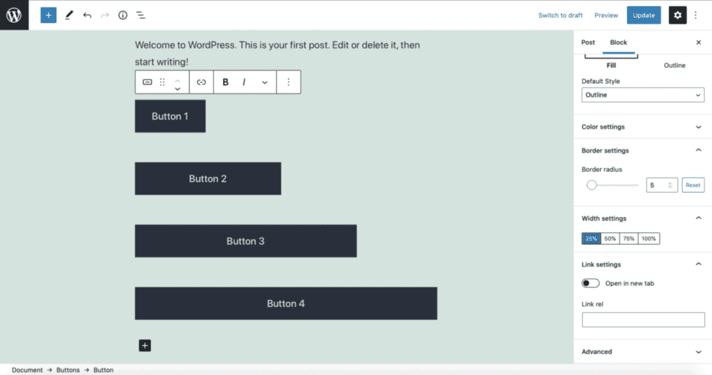 Botones WordPress con Gutenberg de diferentes tamaños