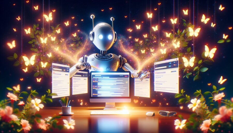 Robot using multiple screens surrounded by butterflies and flowers.